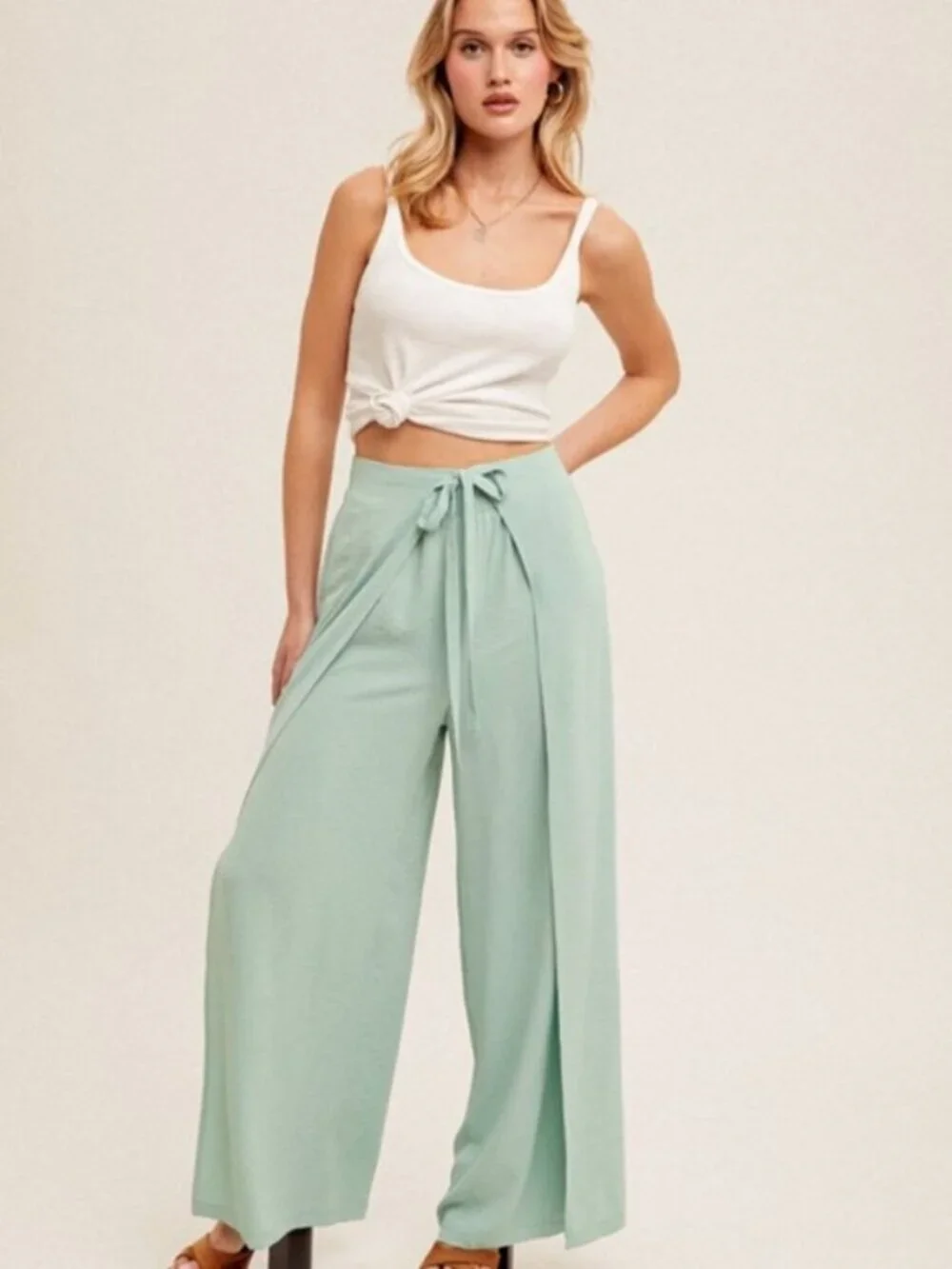 Green Wrap Front Wide Leg Summer Pants Large